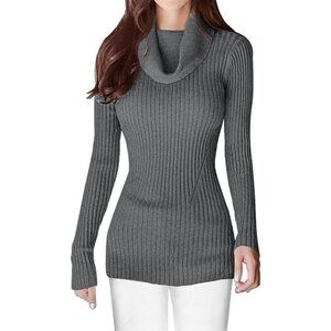 Women’s Cowl Neck Light Gray Stretchable Knit Long Sleeve Bodycon Sexy Sweater